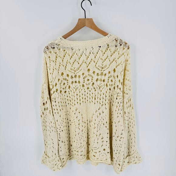 Free People Cream Open Crochet Cotton Sweater Boho Knit Pullover Women’s Size M - Picture 2 of 7